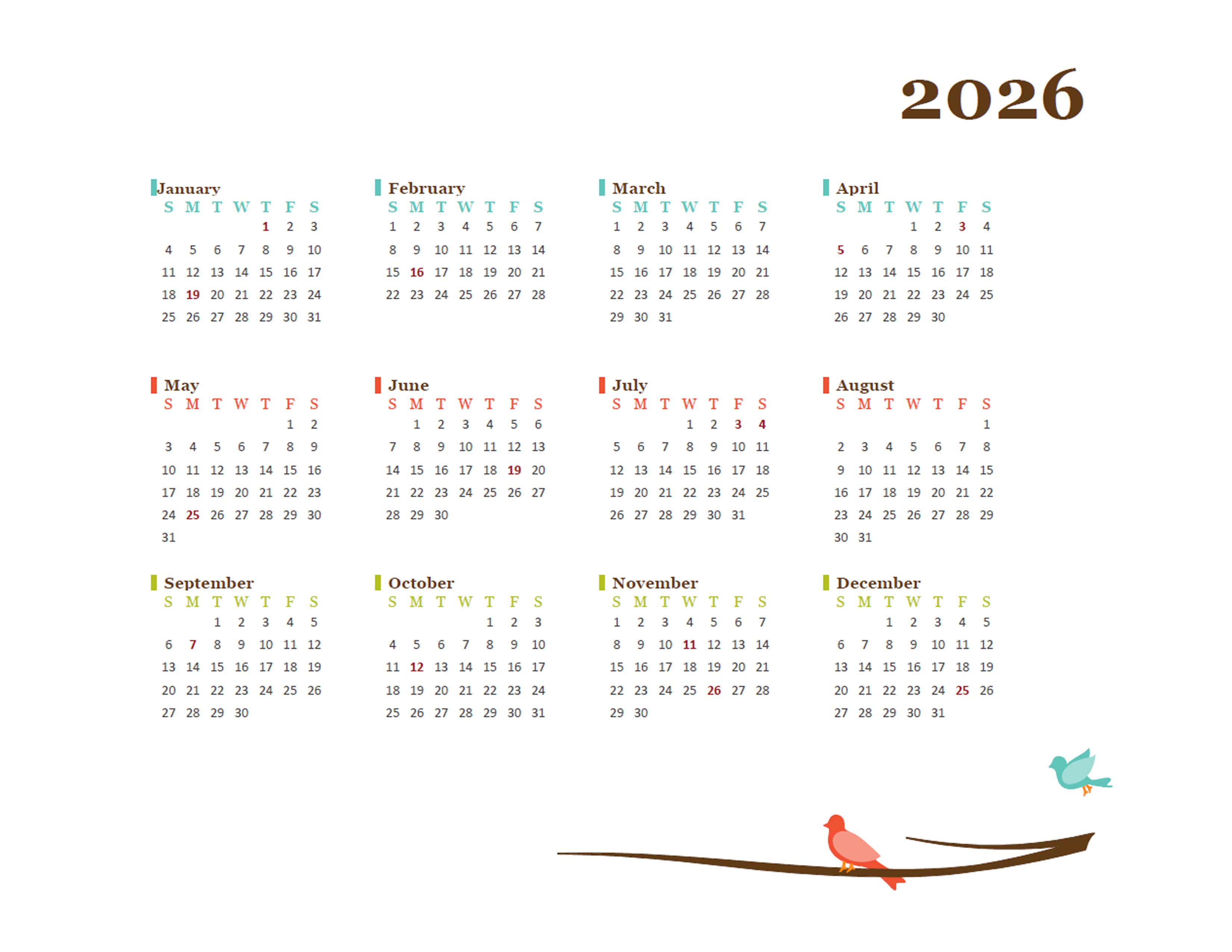 2026 Yearly Calendar Bird Template - Free Printable Templates