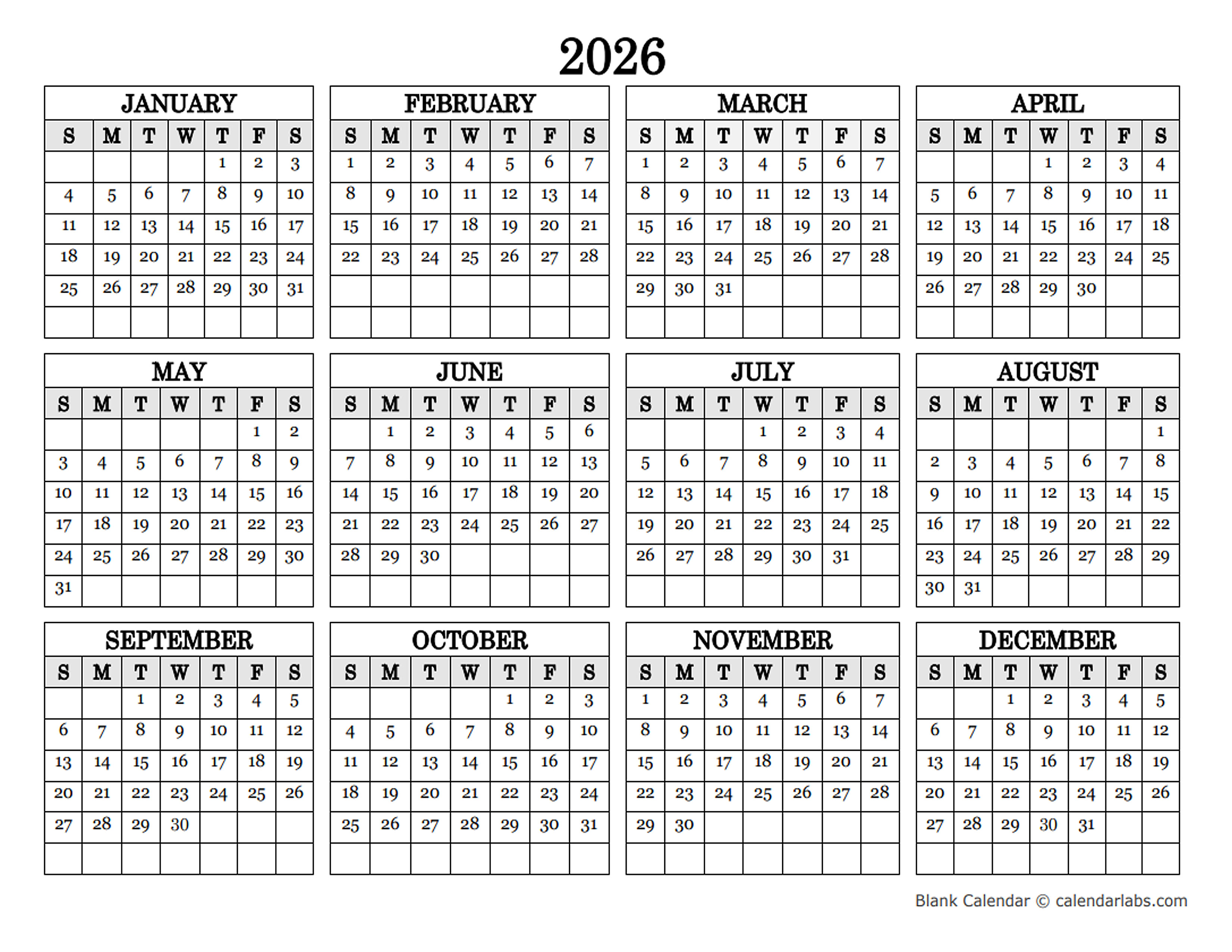 2026 Blank Yearly Calendar Landscape - Free Printable Templates