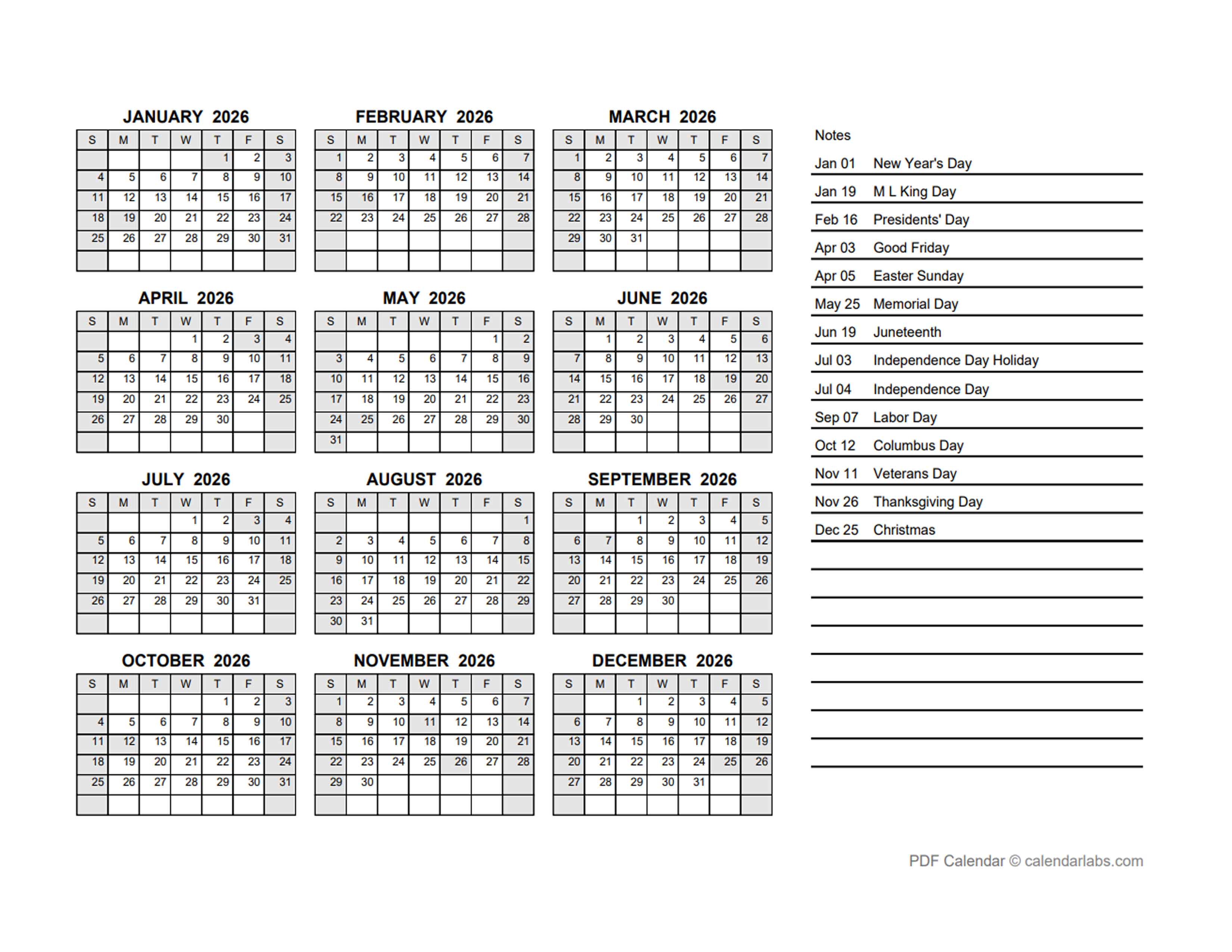 2026 Yearly Calendar PDF - Free Printable Templates