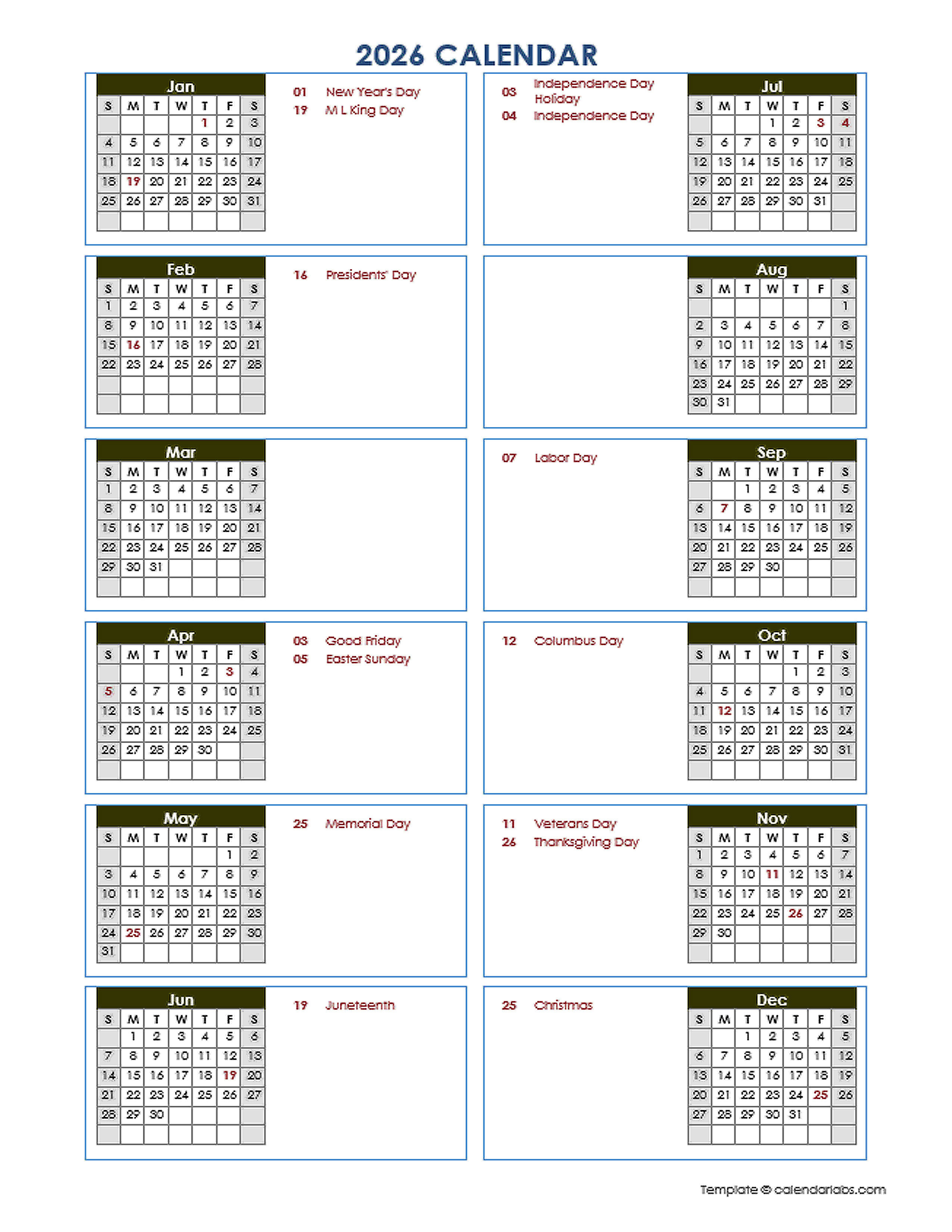 2026 Yearly Calendar Template Vertical Design - Free Printable Templates