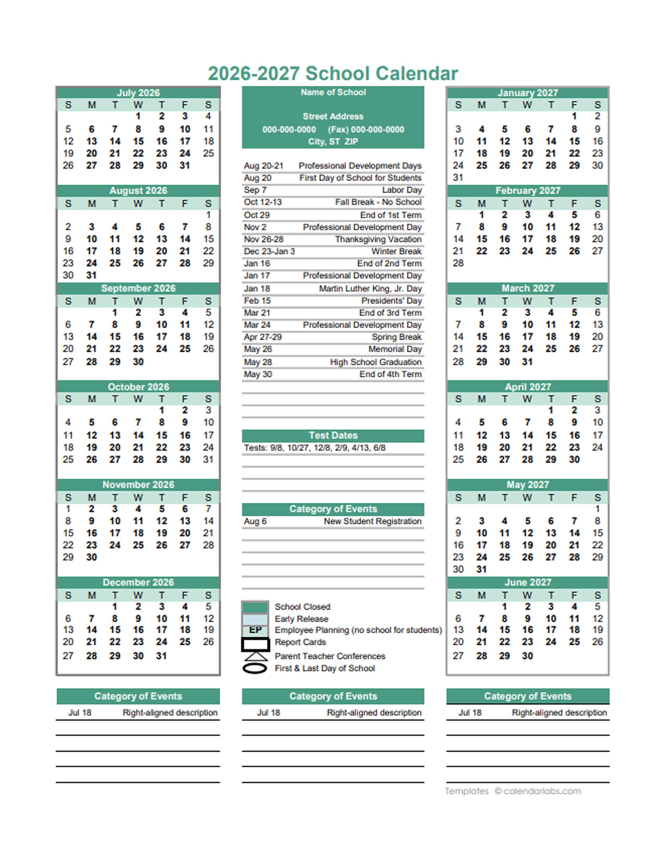 2026 Yearly School Calendar Template Editable JulJun Free Printable