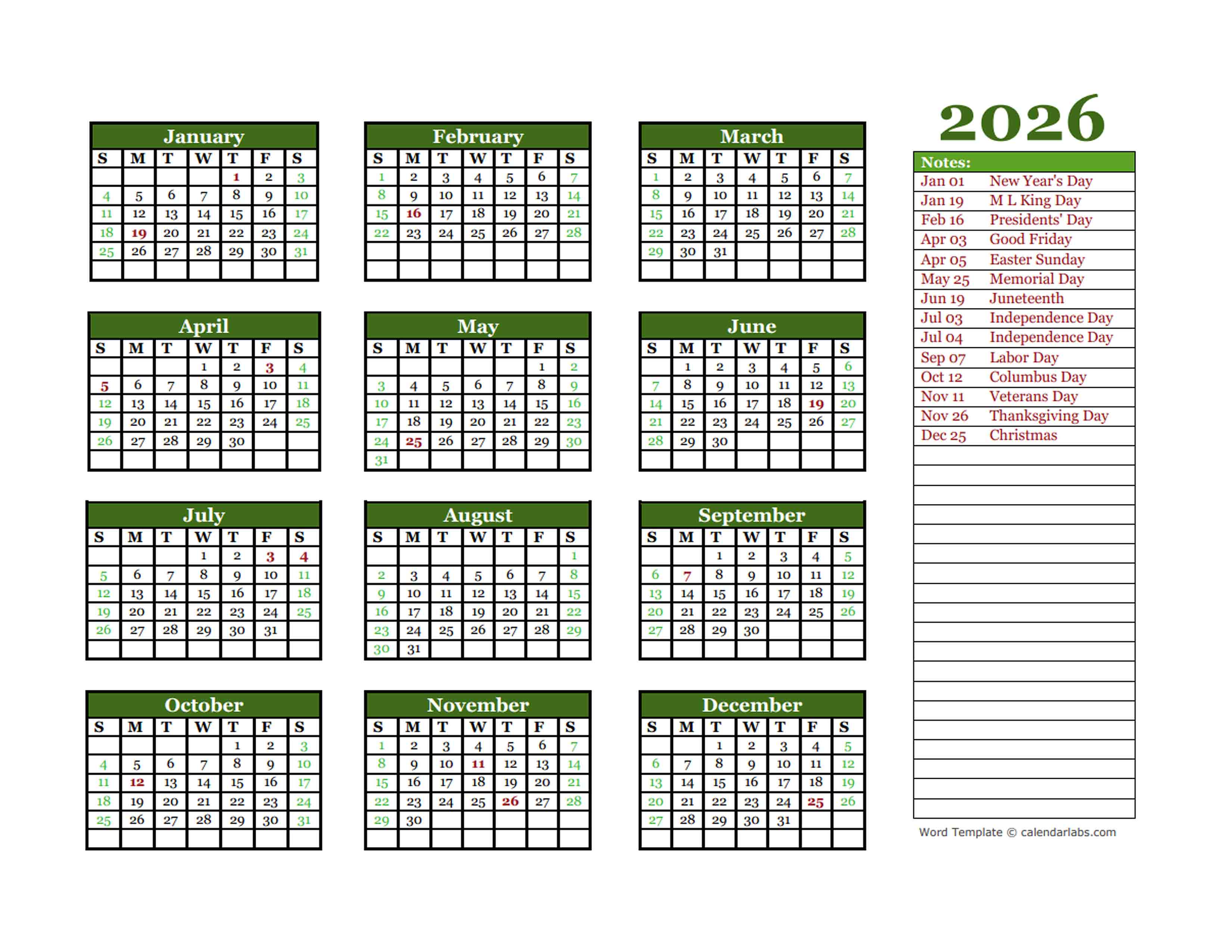 Free Editable 2026 Yearly Word Calendar Free Printable Templates
