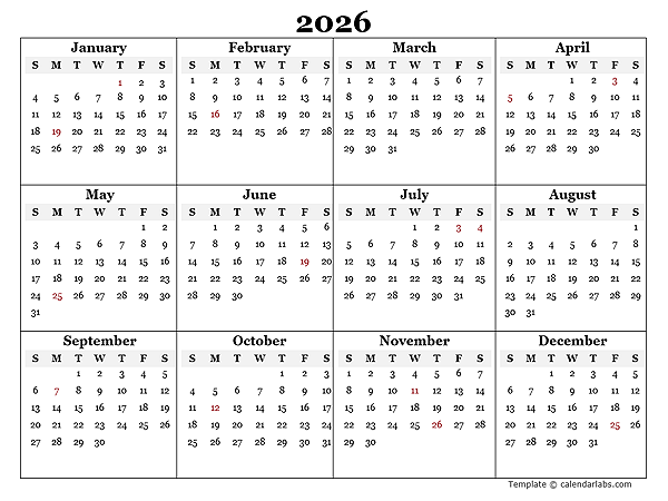 2026 Blank Yearly Calendar Template - Free Printable Templates