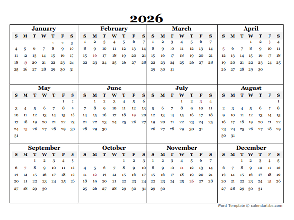2026 Blank Yearly Word Calendar Template