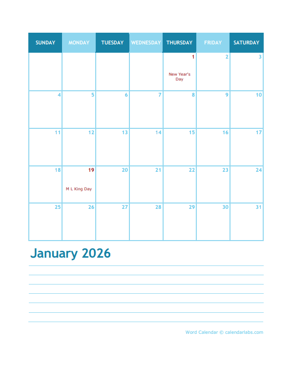 2026 Monthly Word Calendar Template Portrait
