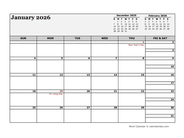 2026 Monthly Planner Template Microsoft Word 