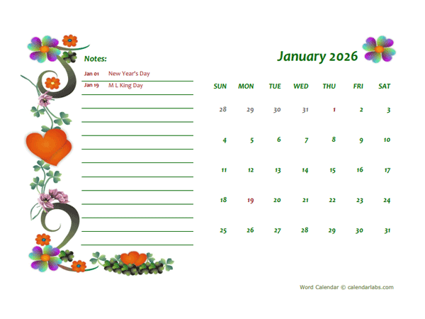 2026 Monthly Word Calendar Design Template