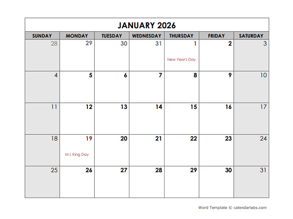 2026 Monthly Word Calendar Template With Holidays