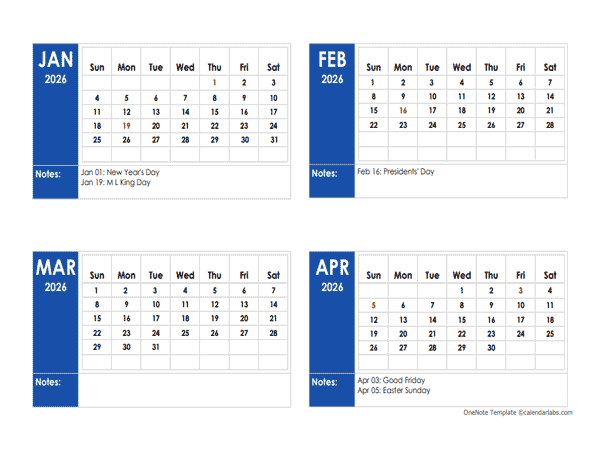 2026 OneNote Calendar With Holidays