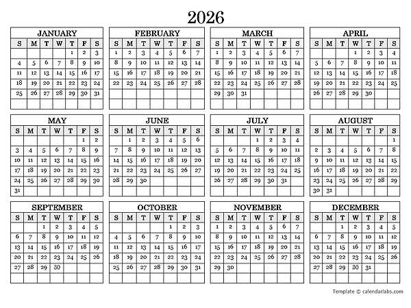 2026 Blank Yearly Calendar Landscape - Free Printable Templates
