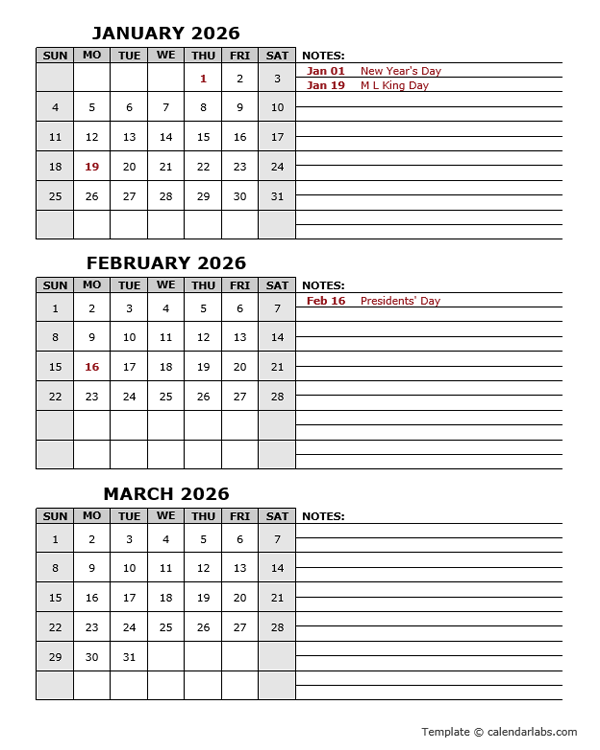 2026 Quarterly Calendar With Holidays - Free Printable Templates