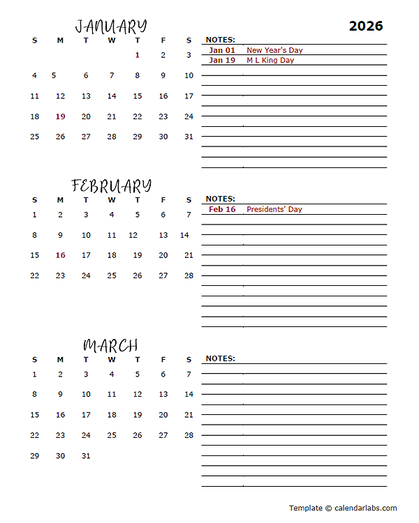 2026 Quarterly Portrait Calendar Template