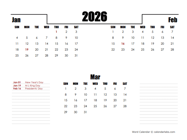 2026 Three Months Word Calendar Template