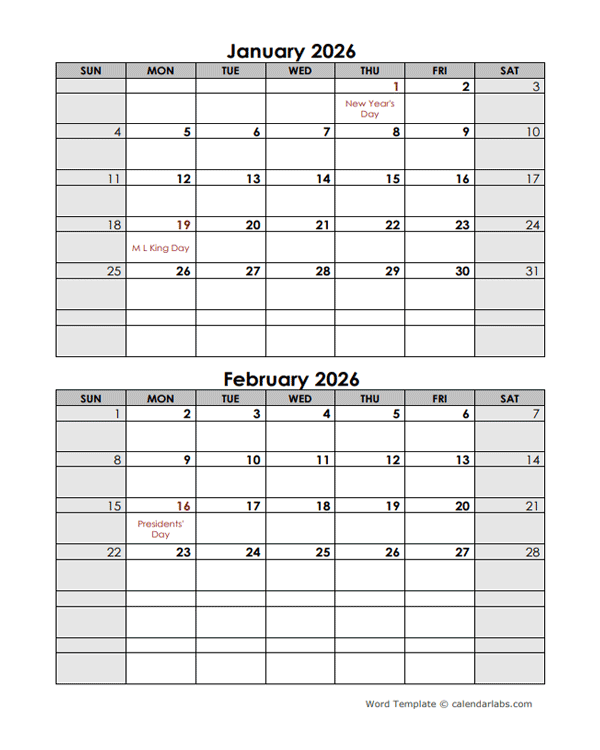 2026 Word Calendar Template Two Months In One Page