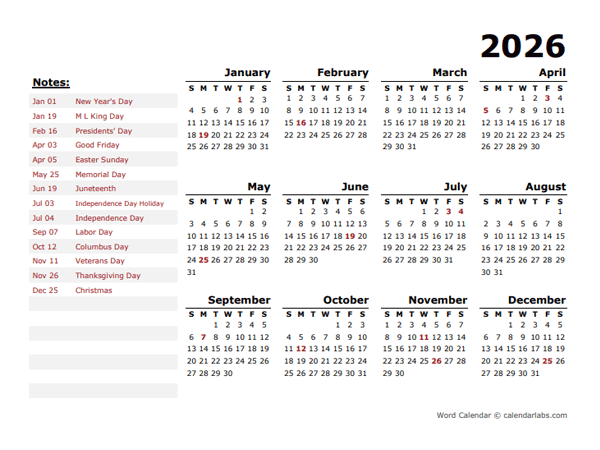 2026 Year Calendar Word Template With Holidays