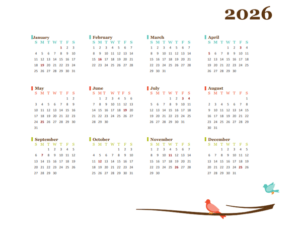 2026 Yearly Editable Word Calendar Template