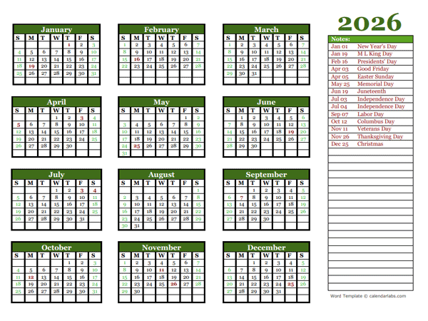 Free Editable 2026 Yearly Word Calendar