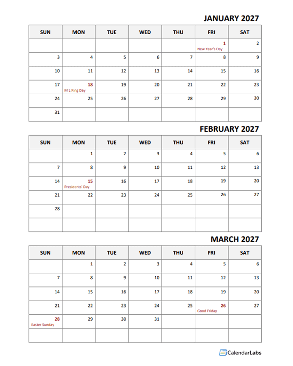 2027 Three Month Calendar Template