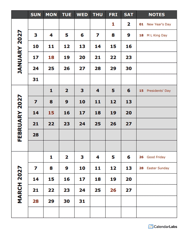 2027 Quarterly Calendar Template