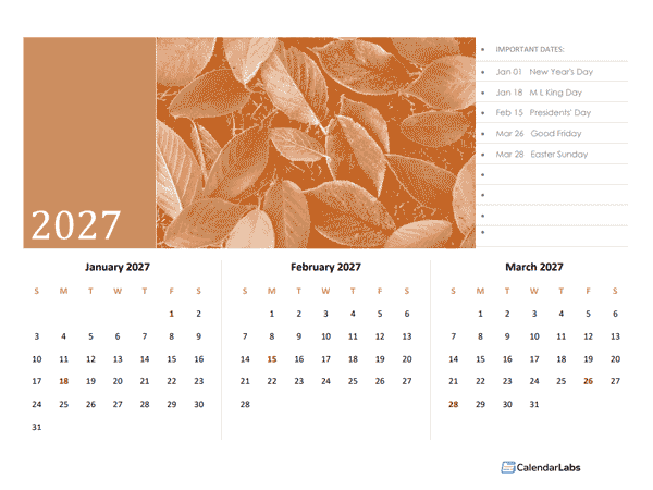 2027 Quarterly Three Month Template