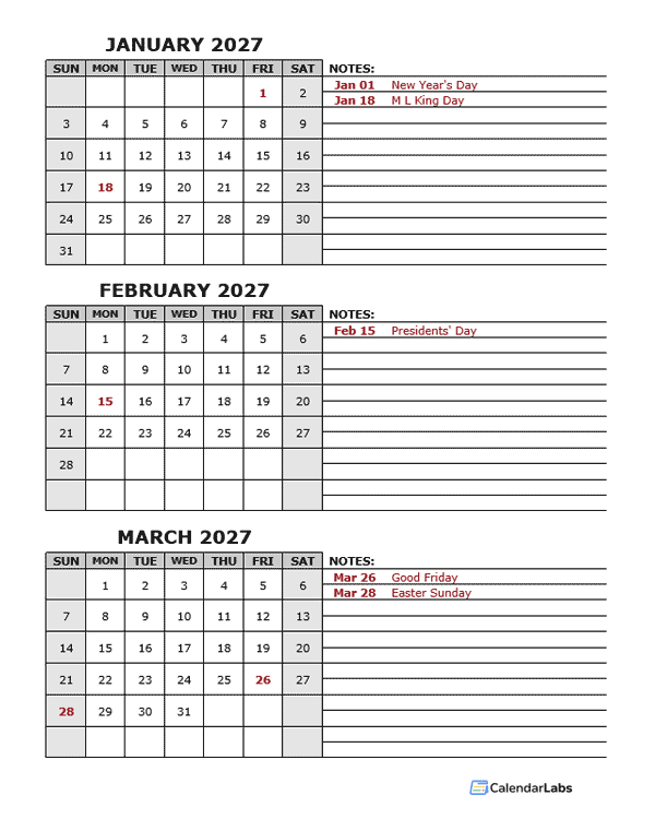 2027 Quarterly Calendar With Holidays