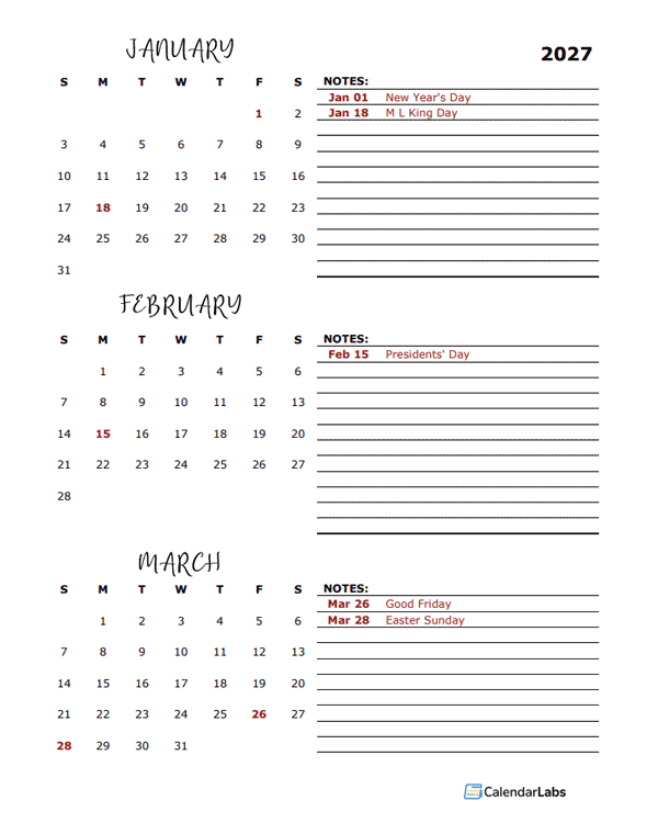 2027 Quarterly Portrait Calendar Template Free Printable Templates