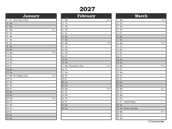 Editable 2027 Three Month Calendar