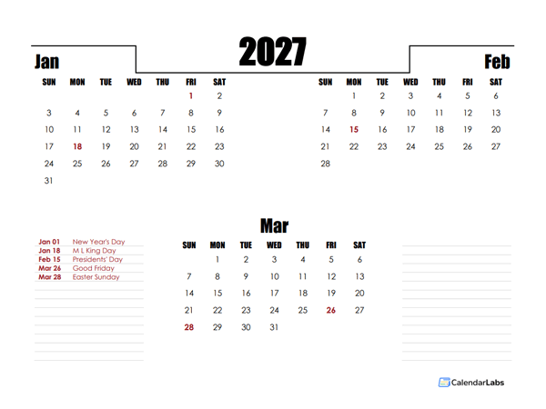 2027 Quarterly Three Month Calendar