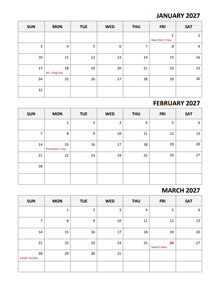 2027 Three Month Calendar Template