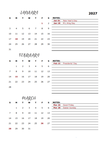 2027 Quarterly Portrait Calendar Template