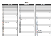 Editable 2027 Three Month Calendar