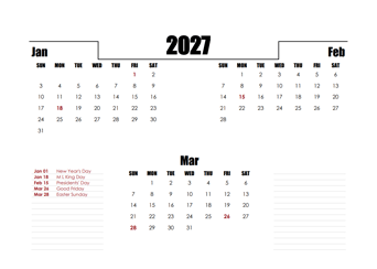 2027 Quarterly Three Month Calendar