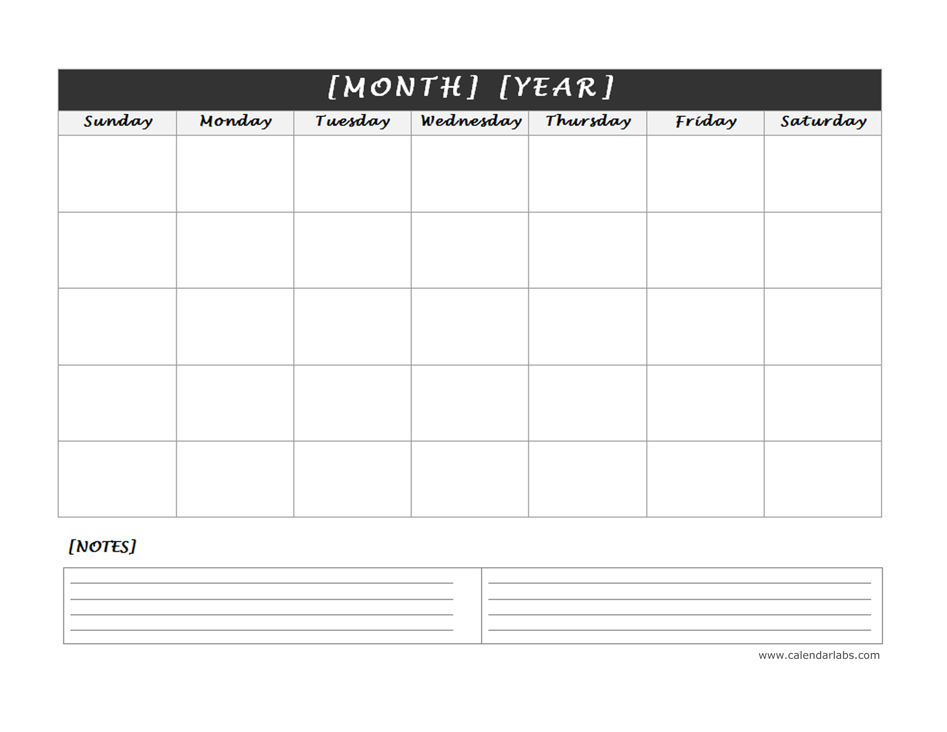 Blank Calendar Template With Space For Memo And Notes Printable