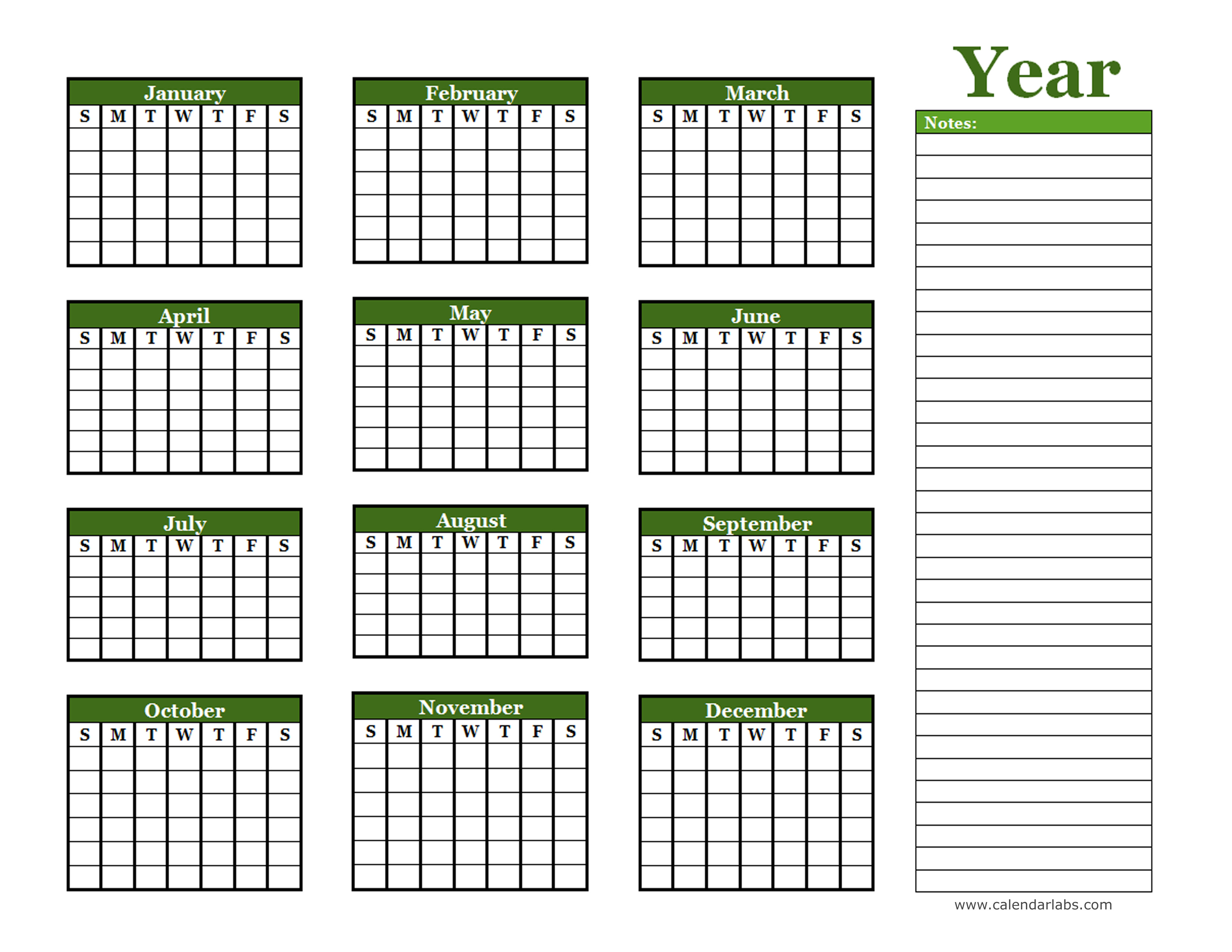 Yearly Blank Calendar with Holidays