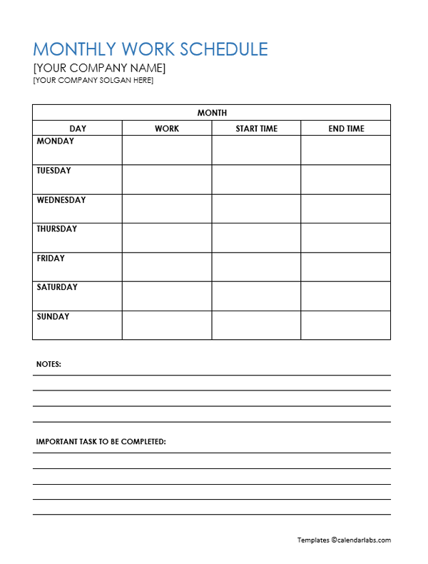 Blank Monthly Work Schedule Template