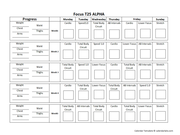 Focus T25 Calendar Alpha Free Printable Templates