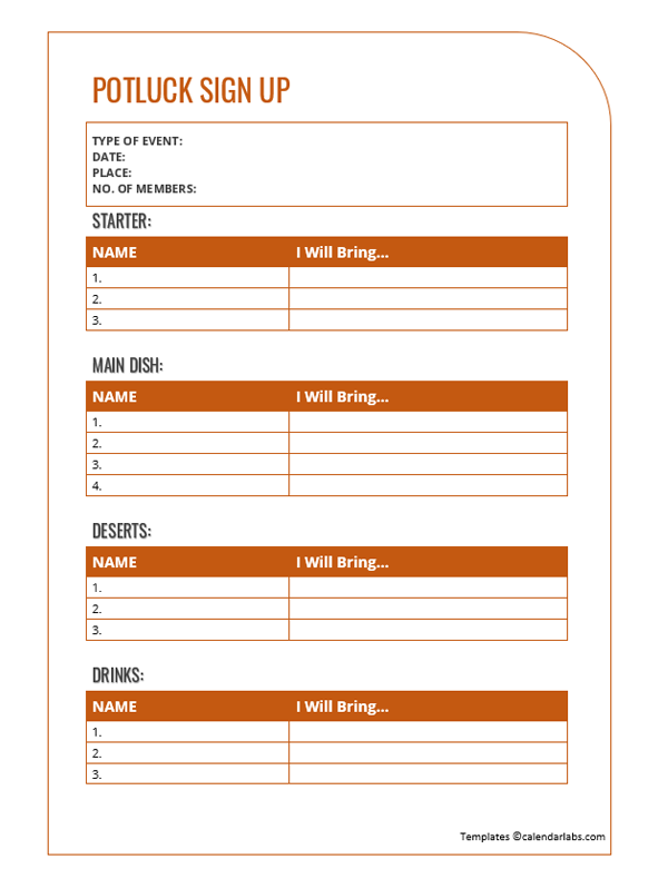 Potluck Sign Up Sheet Template - Free Printable Templates
